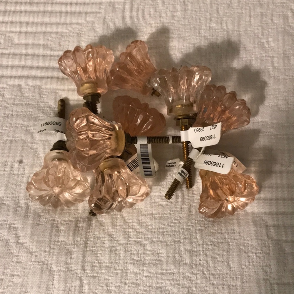 New Set of 9 Pink Glass Flower Drawer Cabinet Cupboard Pulls or Knobs